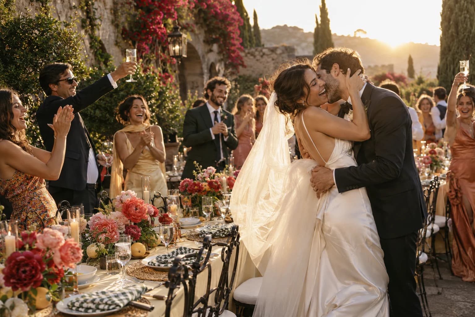 Newlyweds sharing a kiss among flowers and cheering guests at a garden reception