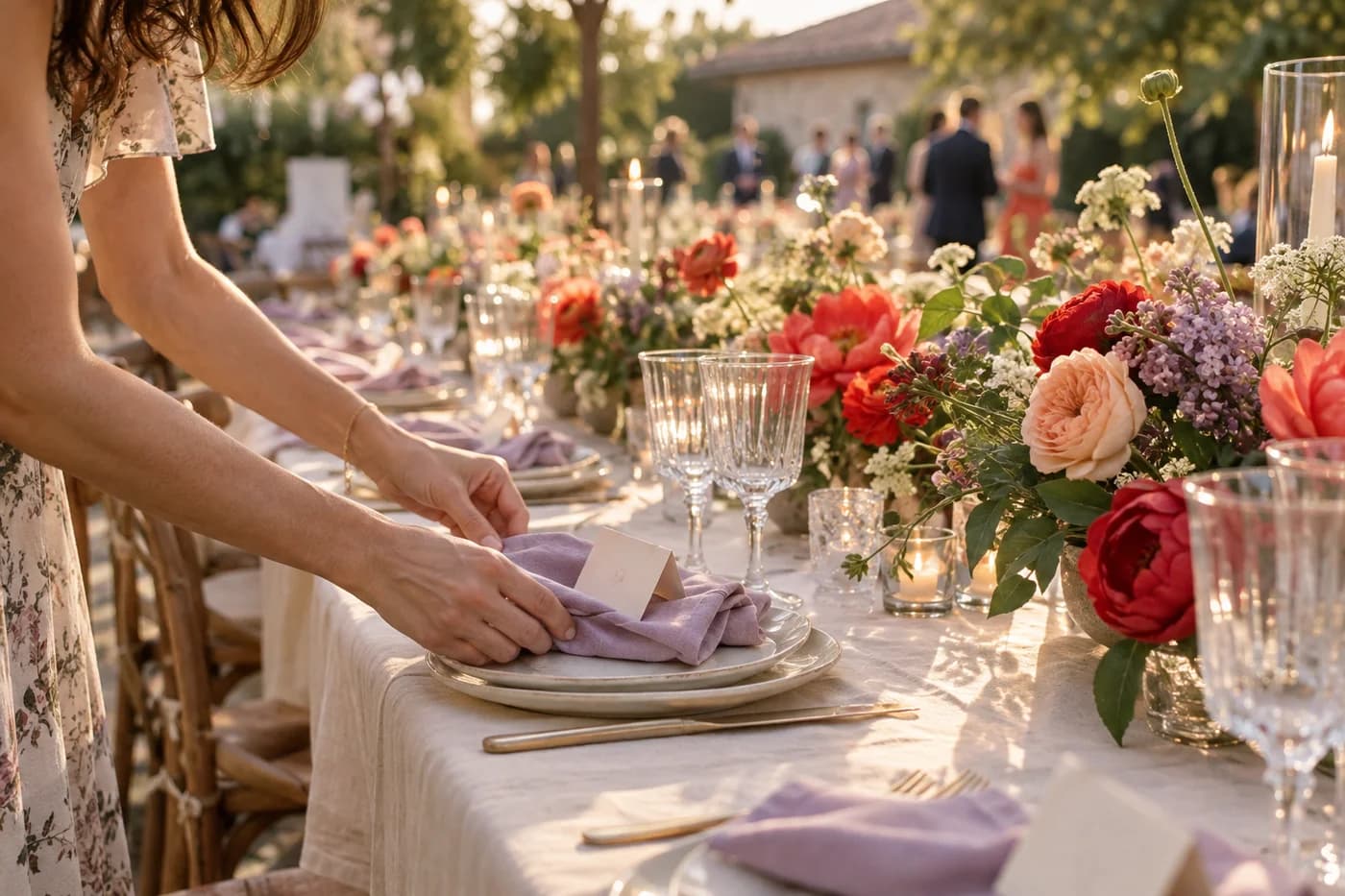 Thoughtful finishing touches: lilac napkins, coral flowers, and candlelit glassware at a garden reception